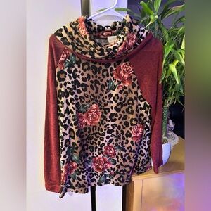 Lovely Melody Burgundy Floral Leopard Cowl Neck Sweater